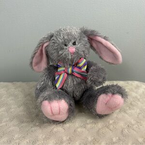 American Greetings Gray Bunny Rabbit Plush Stuffed Animal Pink Striped Bow AGC